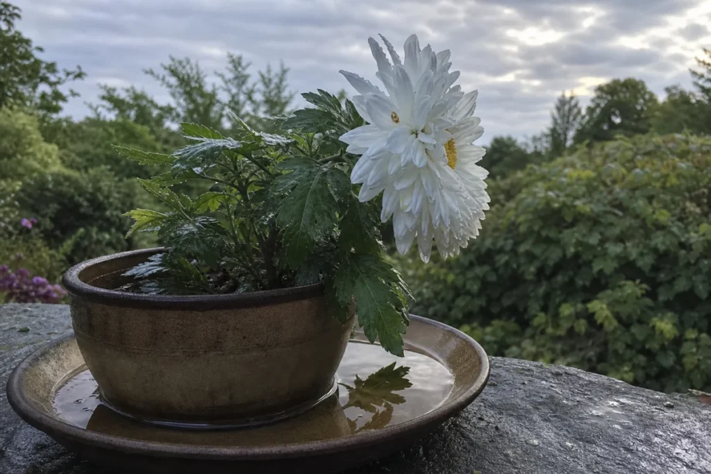 雨上がりの朝、鉢植えの白い菊の花びらと水滴