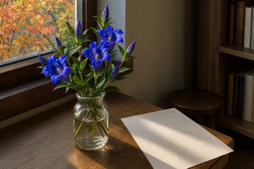 朝の机の端に置かれた、開いた花と蕾を持つリンドウ