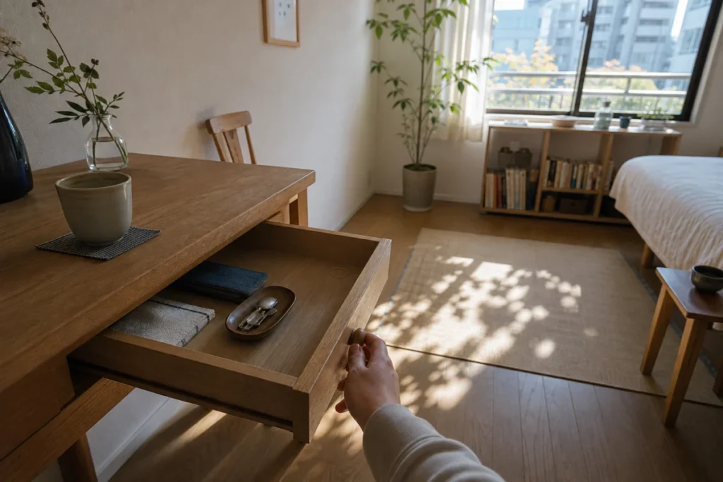 昼前の自宅の机と、引き出しの奥でほどけた輪ゴム
