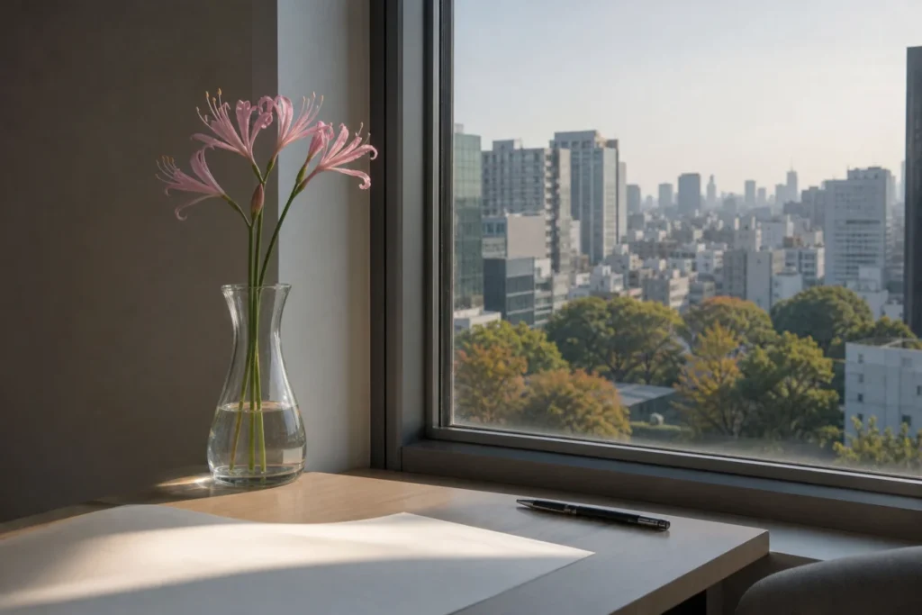 朝の机の上で細い茎を揺らす桃色のネリネと、紙とペン