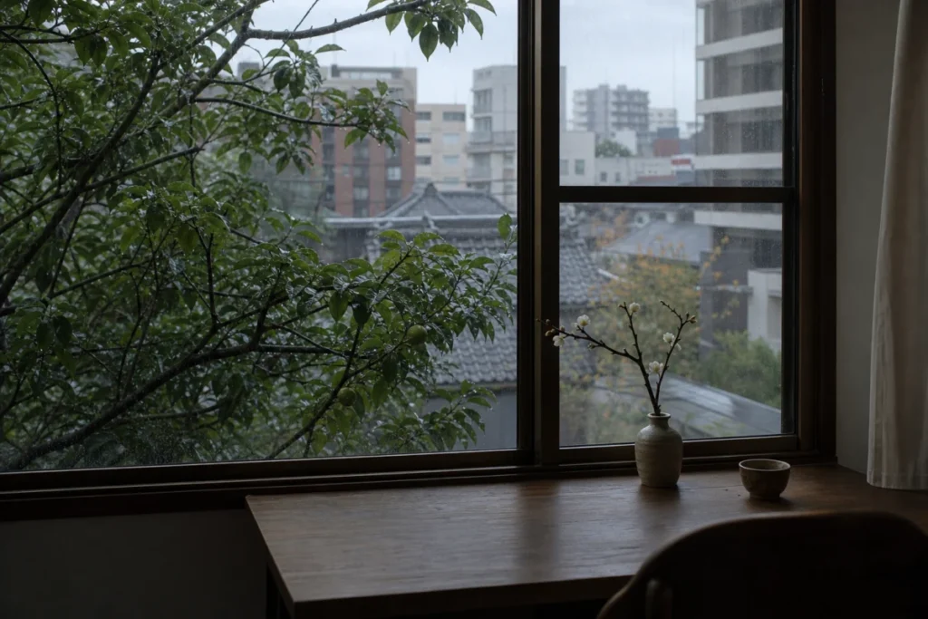 秋の雨に濡れた梅の枝を窓辺から眺める朝の風景