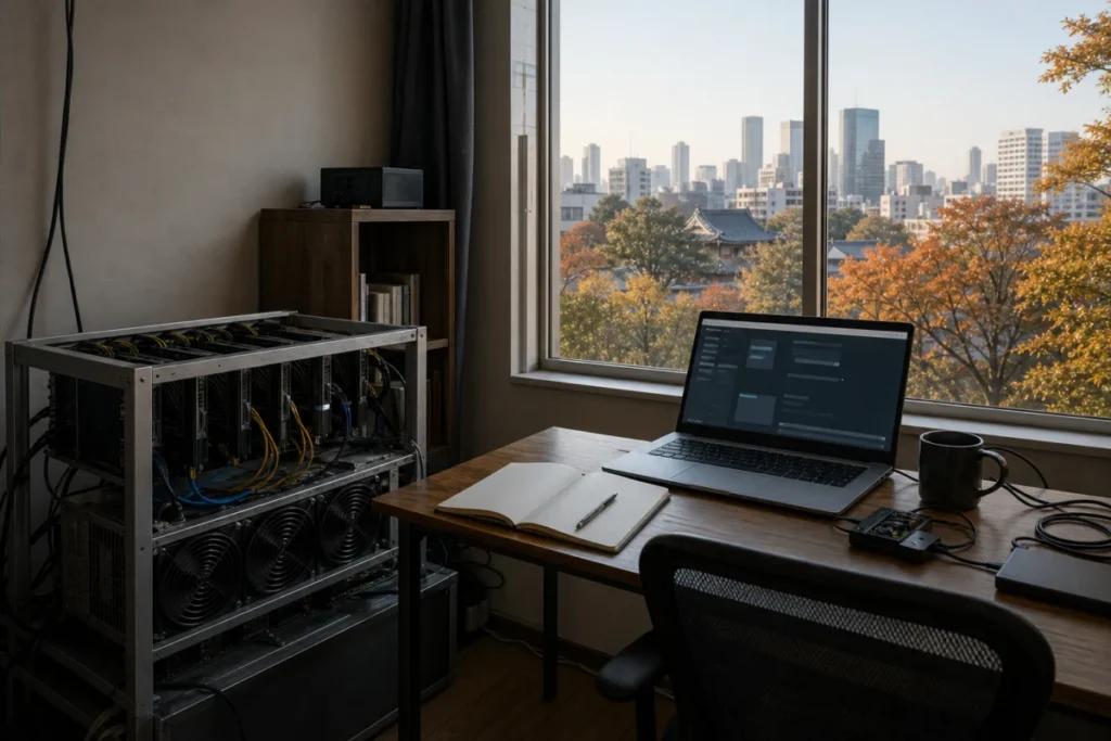 秋の朝、机のそばに置かれた中古GPUサーバーとノート