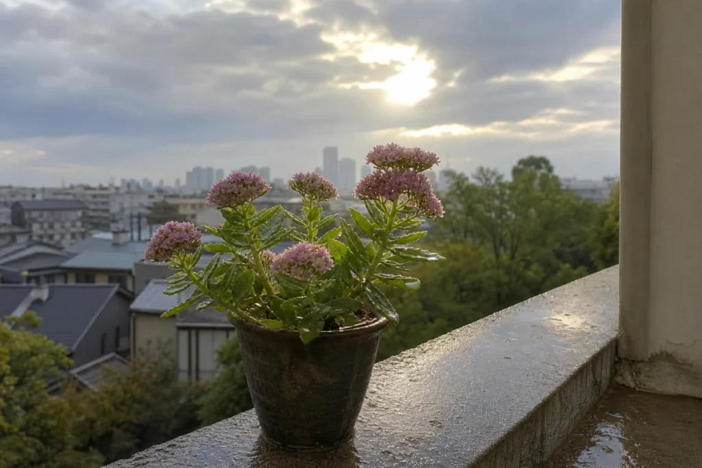 雨上がりの朝、薄い桃色のミセバヤの花房に光が差している鉢植え