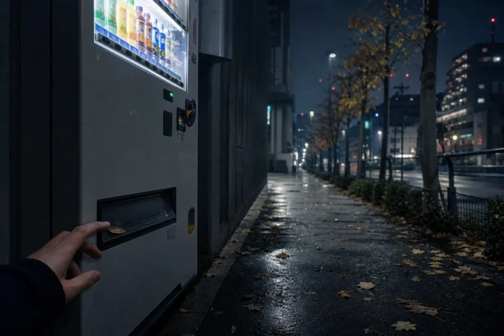 夜の自動販売機の返却口に残った十円玉