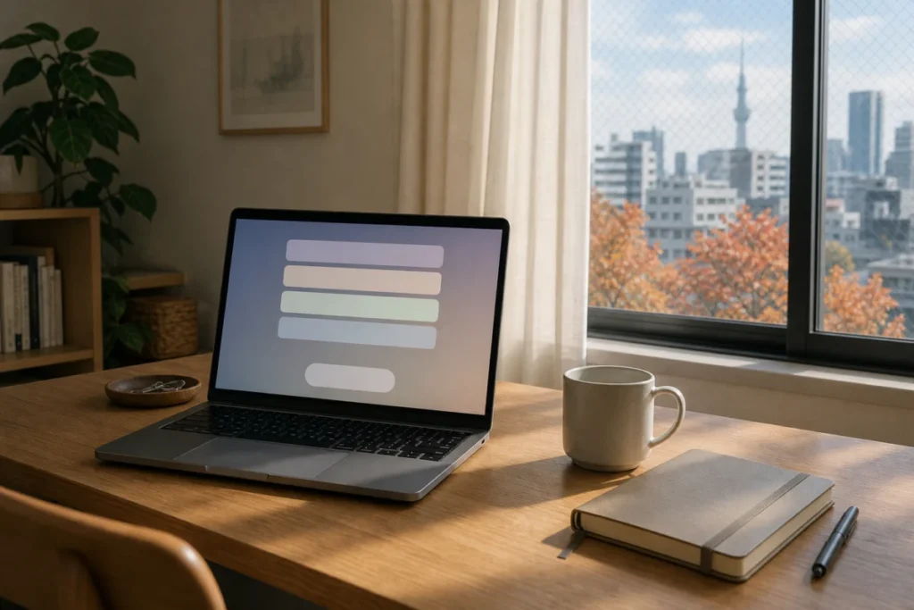秋の昼、ノートパソコンでAIサービスを使う机