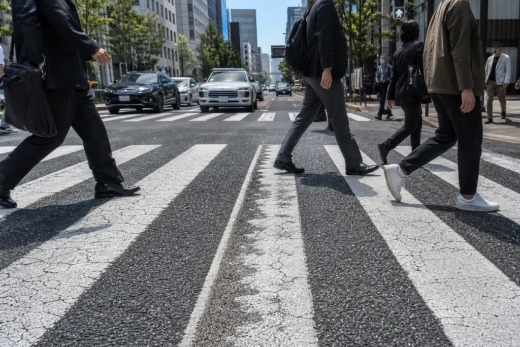 昼前の東京の横断歩道で少し細くなった白線を見つめる風景