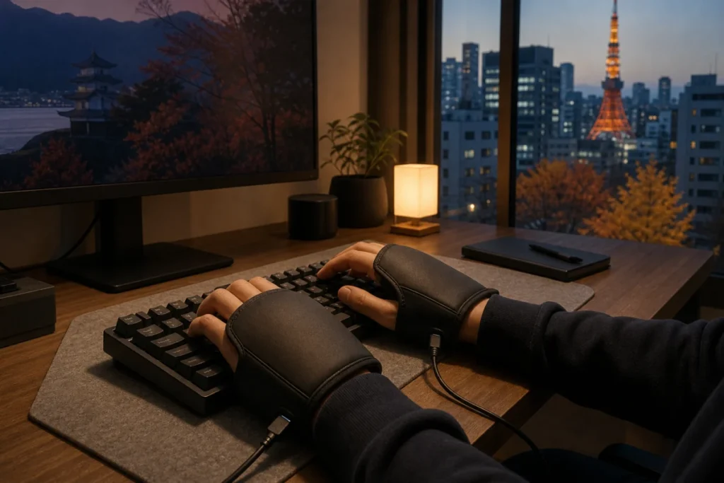 秋の夕方の机でキーボードに手を添え、USBハンドウォーマーを使う様子