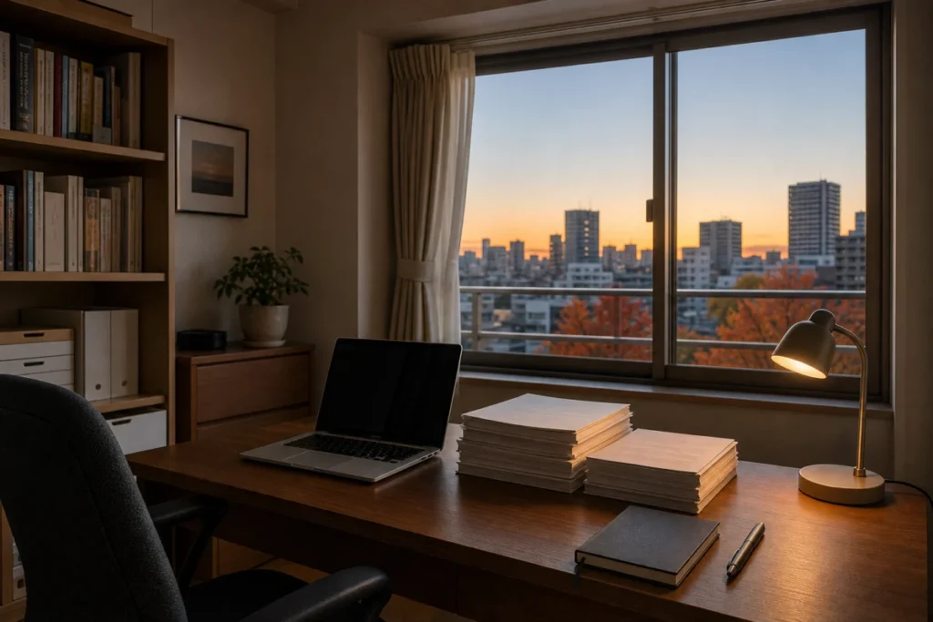 秋の夕方、書類とノートパソコンを置いた机の上でAIとデータ管理について考える様子
