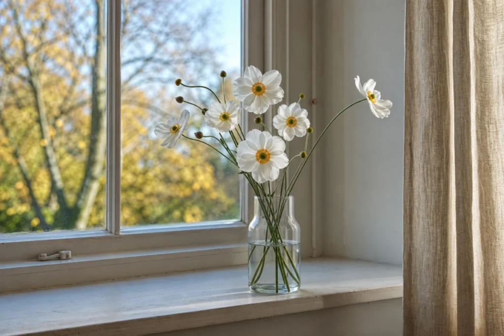 澄んだ秋の朝、窓辺の花瓶に生けられた白い秋明菊